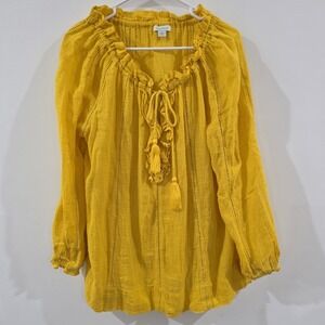 Sundance Womens Top Size Large Yellow Peasant Boho Ruffle Tasseled Gauze